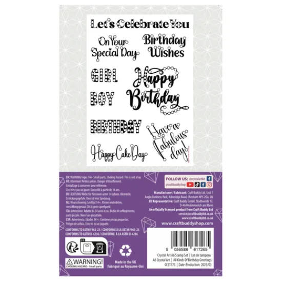 Craft Buddy All Kinds Of Birthday Greetings Crystal Art A6 Scrapbook Stamp Set New